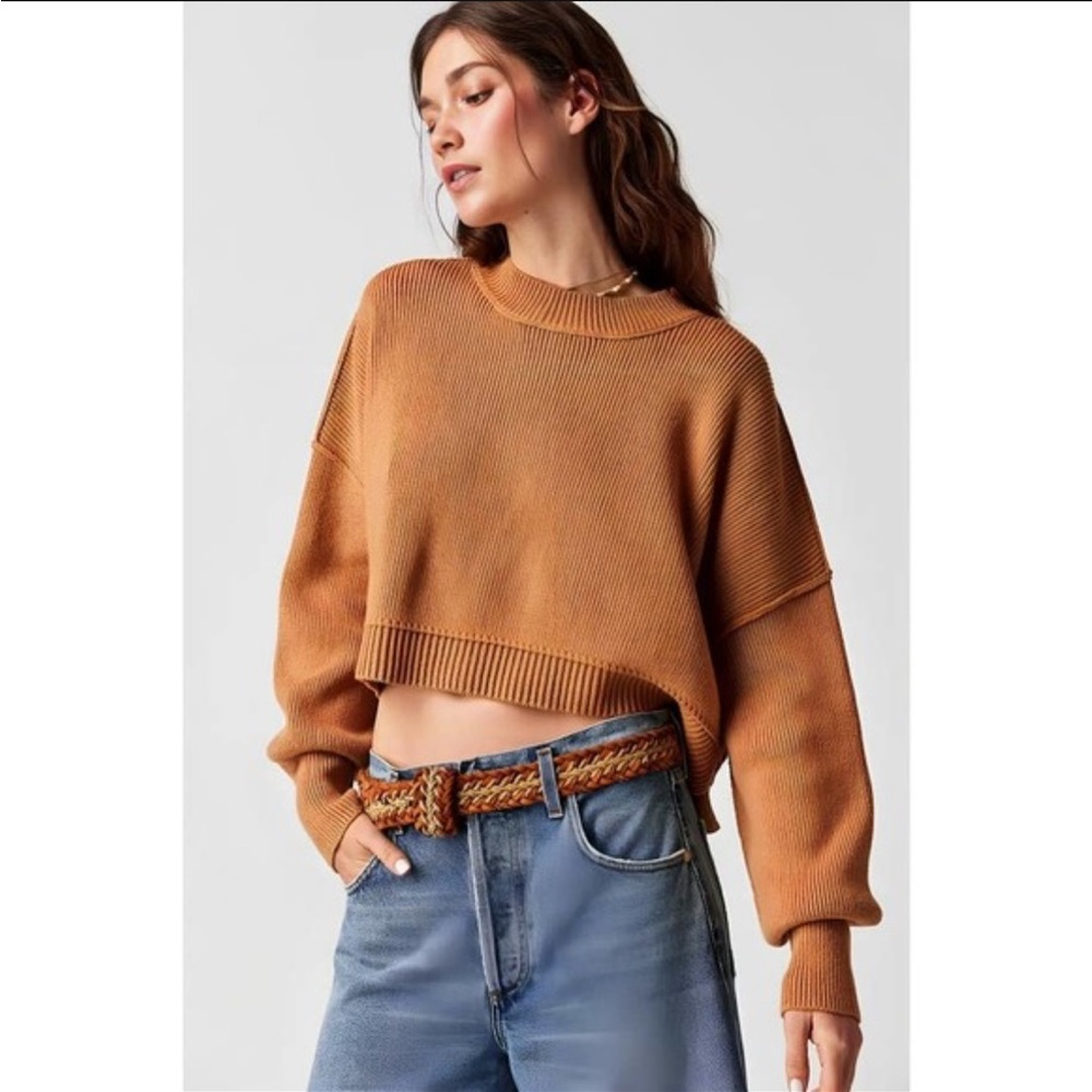 Free People Easy Street Crop Sweater in Camel